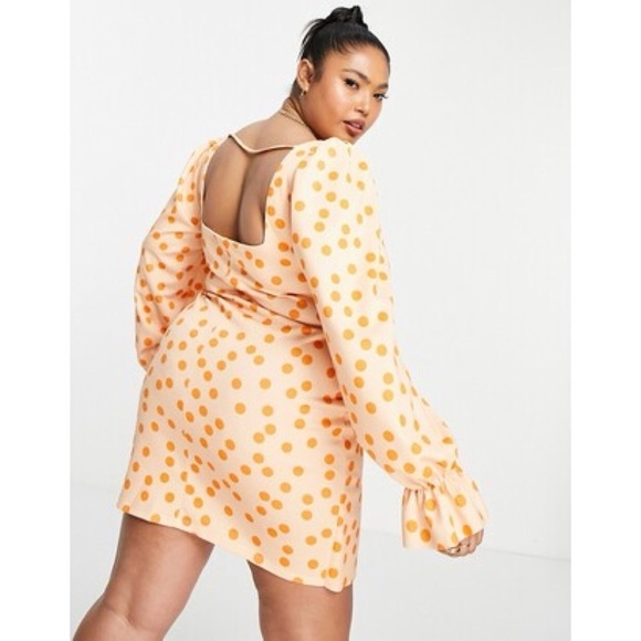 NWT ASOS Curve Square Neck Long Sleeve Wrap Mini Dress Orange Polka Dot - Picture 2 of 12